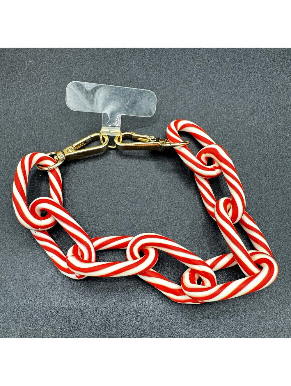 Red White Candy Cane Chunky Acrylic Chain Bracelet Christmas Holiday Gold Tone